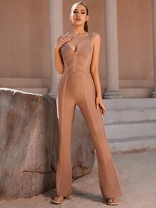 ADYCE Solid Flare Leg Jumpsuit - Apricot - View 5
