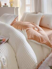 4 cái/bộ Bộ vỏ chăn hai tông màu (1 vỏ chăn, 1 tấm phẳng & 2 vỏ gối), Bộ chăn ga tối giản cho gia đình - Màu be - Xem 3