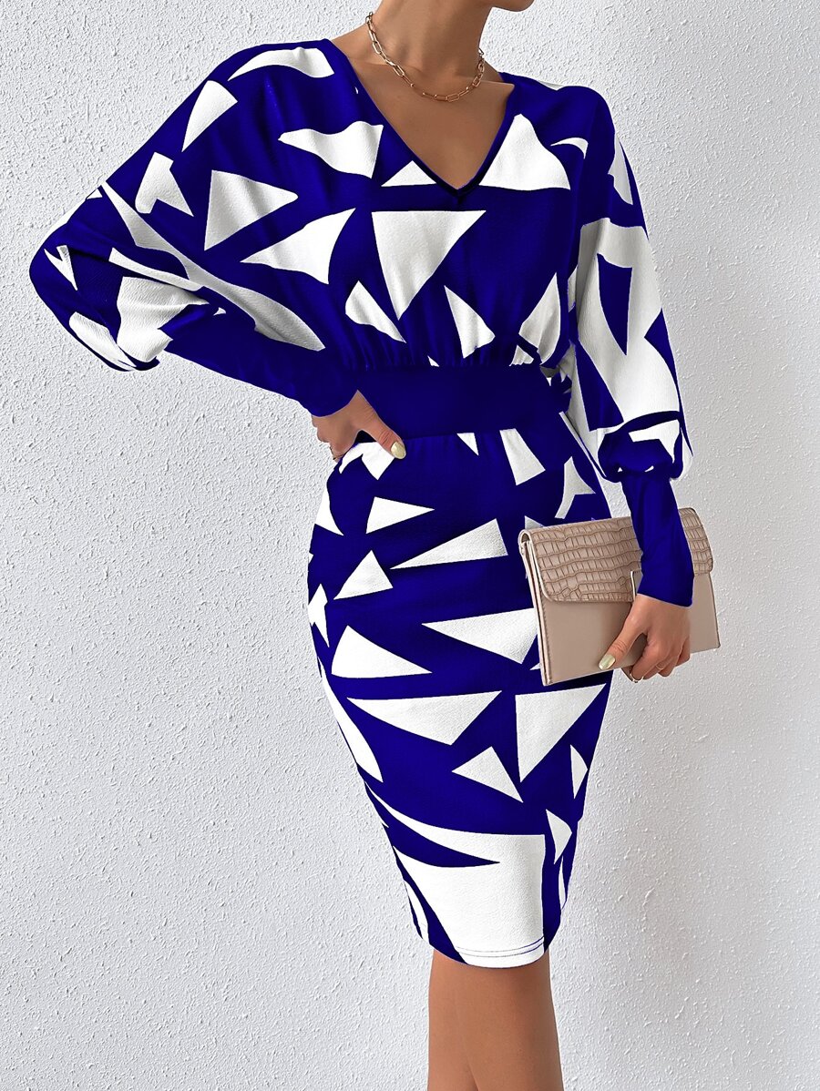 SHEIN Privé Geo Print Gigot Sleeve Bodycon Dress - Blue and White - View 1