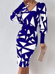 SHEIN Privé Geo Print Gigot Sleeve Bodycon Dress - Blue and White - View 3