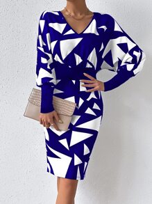 SHEIN Privé Geo Print Gigot Sleeve Bodycon Dress - Blue and White - View 5