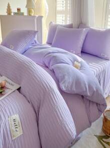 4 cái/bộ Bộ Vỏ Chăn Màu Be (1 Vỏ Chăn, 1 Tấm Phẳng & 2 Vỏ Gối), Bộ Chăn Ga Gối Vải Tối Giản Cho Gia Đình - Màu tím - Xem 3