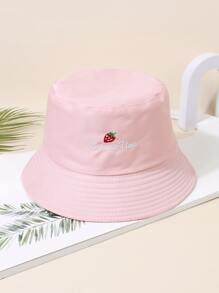 Girls Strawberry & Letter Embroidered Reversible Casual Bucket Hat - Pink - View 1