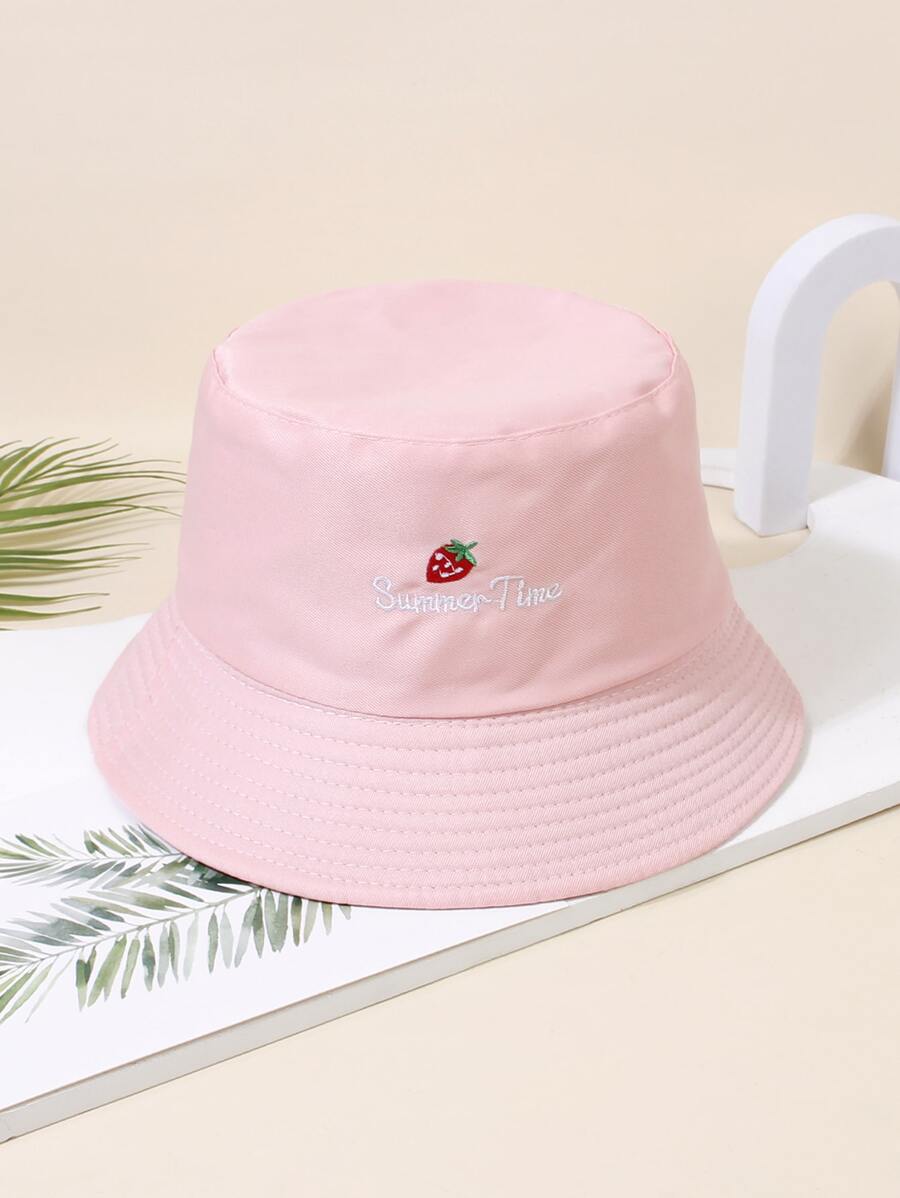 Girls Strawberry & Letter Embroidered Reversible Casual Bucket Hat - Pink - View 1