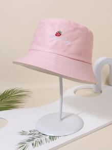 Girls Strawberry & Letter Embroidered Reversible Casual Bucket Hat - Pink - View 3