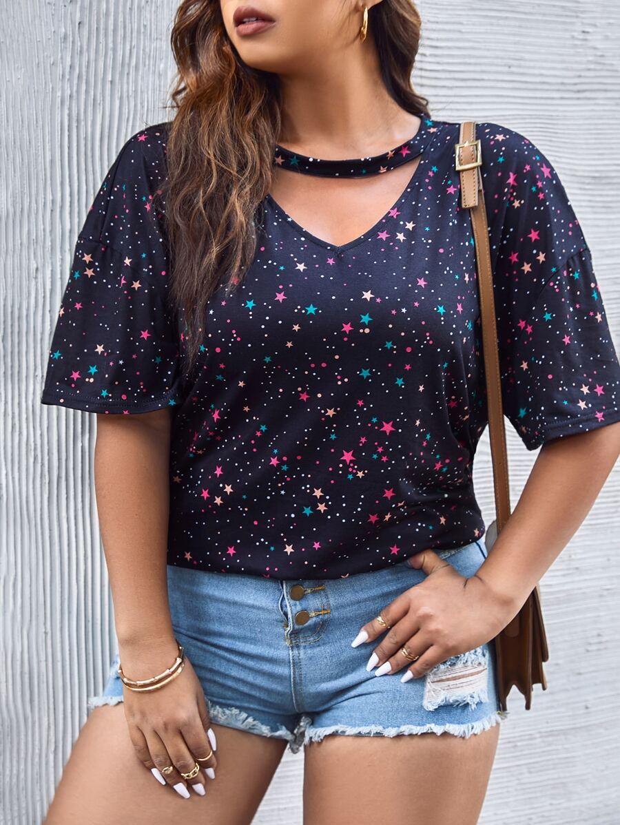 SHEIN LUNE Plus Galaxy Print Keyhole Neckline Drop Shoulder Tee - Navy Blue - View 1