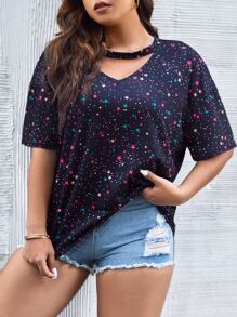 SHEIN LUNE Plus Galaxy Print Keyhole Neckline Drop Shoulder Tee - Navy Blue - View 3