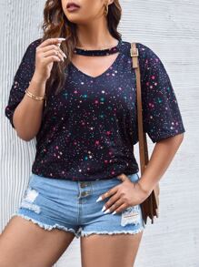 SHEIN LUNE Plus Galaxy Print Keyhole Neckline Drop Shoulder Tee - Navy Blue - View 5