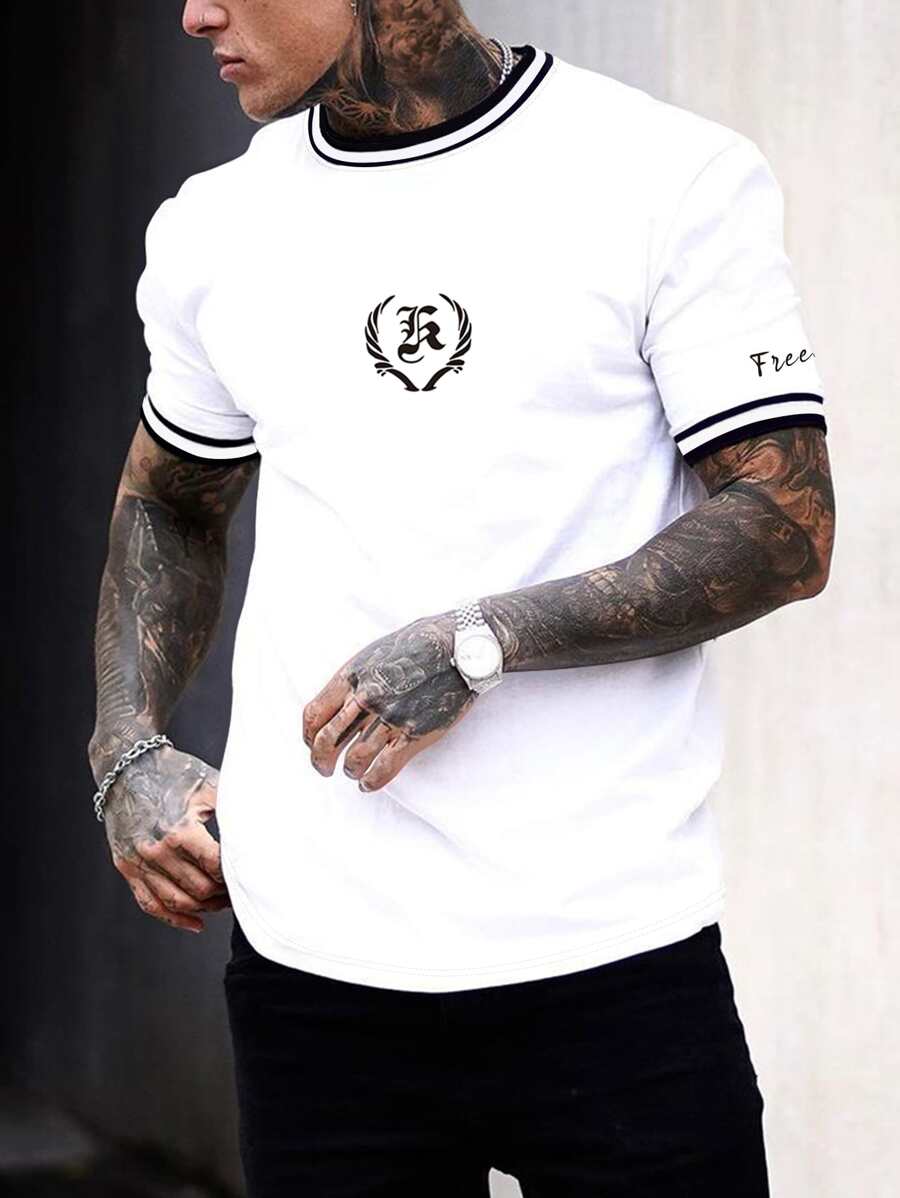 Manfinity Homme Men Letter Graphic Contrast Trim Tee - White - View 1