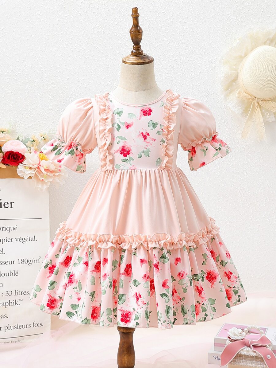 小女童印花泡泡袖荷葉邊洋裝