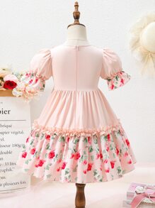 小女童印花泡泡袖荷葉邊洋裝