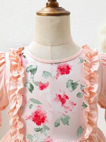 小女童印花泡泡袖荷葉邊洋裝