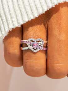 Cubic Zirconia Heart Decor Silver Wedding Band - Multicolor - View 1