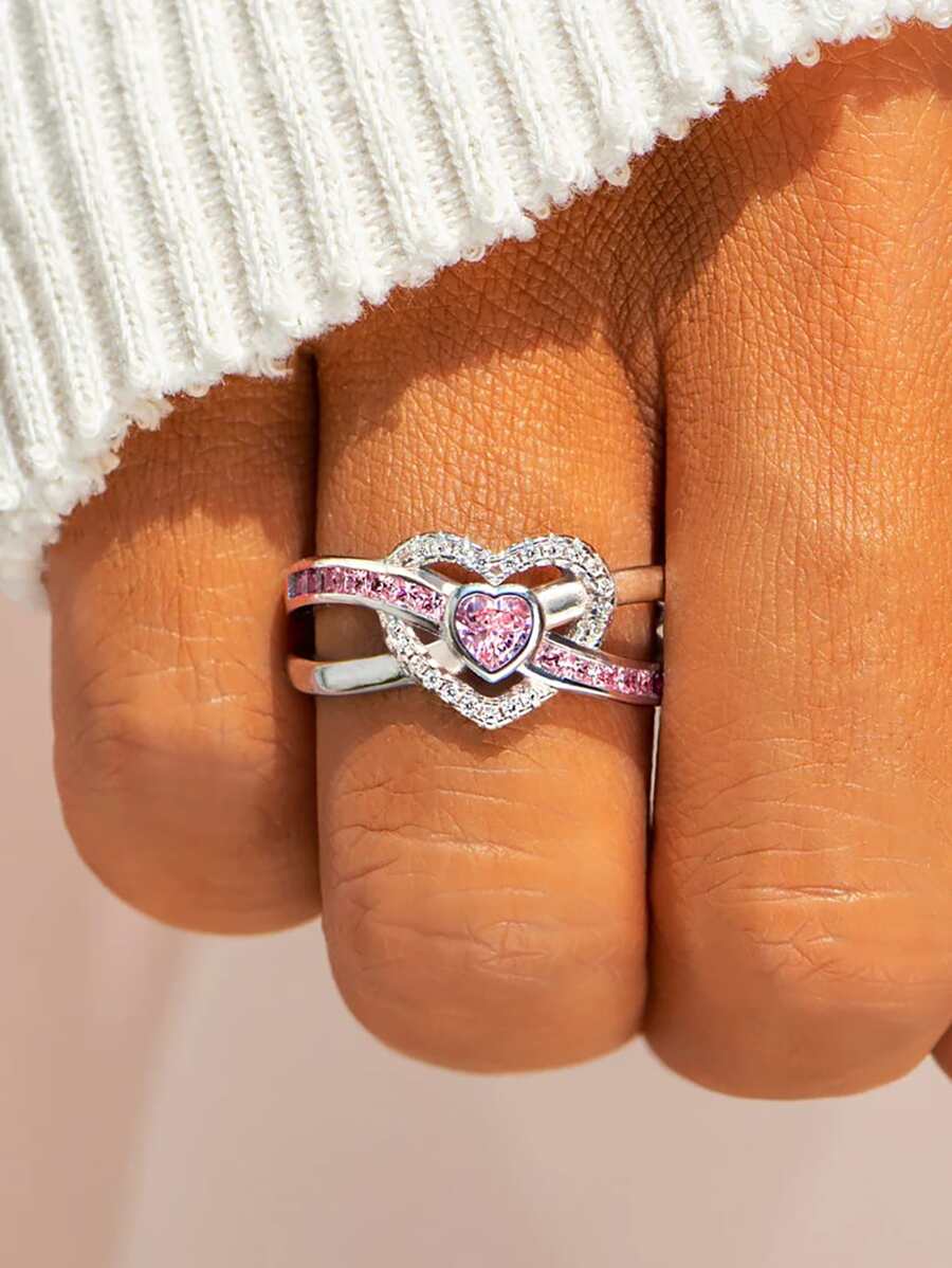 Cubic Zirconia Heart Decor Silver Wedding Band - Multicolor - View 1