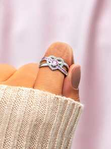 Cubic Zirconia Heart Decor Silver Wedding Band - Multicolor - View 2