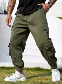 Manfinity Homme Men Flap Pocket Side Drawstring Waist Cargo Trousers - Army Green - View 1