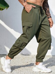 Manfinity Homme Men Flap Pocket Side Drawstring Waist Cargo Trousers - Army Green - View 8