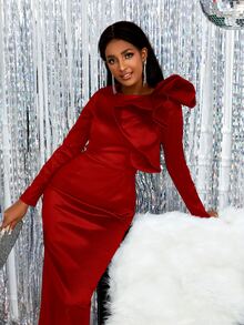 Big Bow Split Back Satin Bodycon Dress - Red - View 5