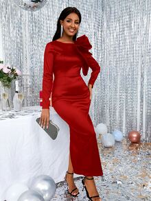 Big Bow Split Back Satin Bodycon Dress - Red - View 7