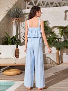 SHEIN Teen Girls Ruffle Trim Wide Leg Cami Jumpsuit - Baby Blue - View 2