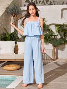 SHEIN Teen Girls Ruffle Trim Wide Leg Cami Jumpsuit - Baby Blue - View 5