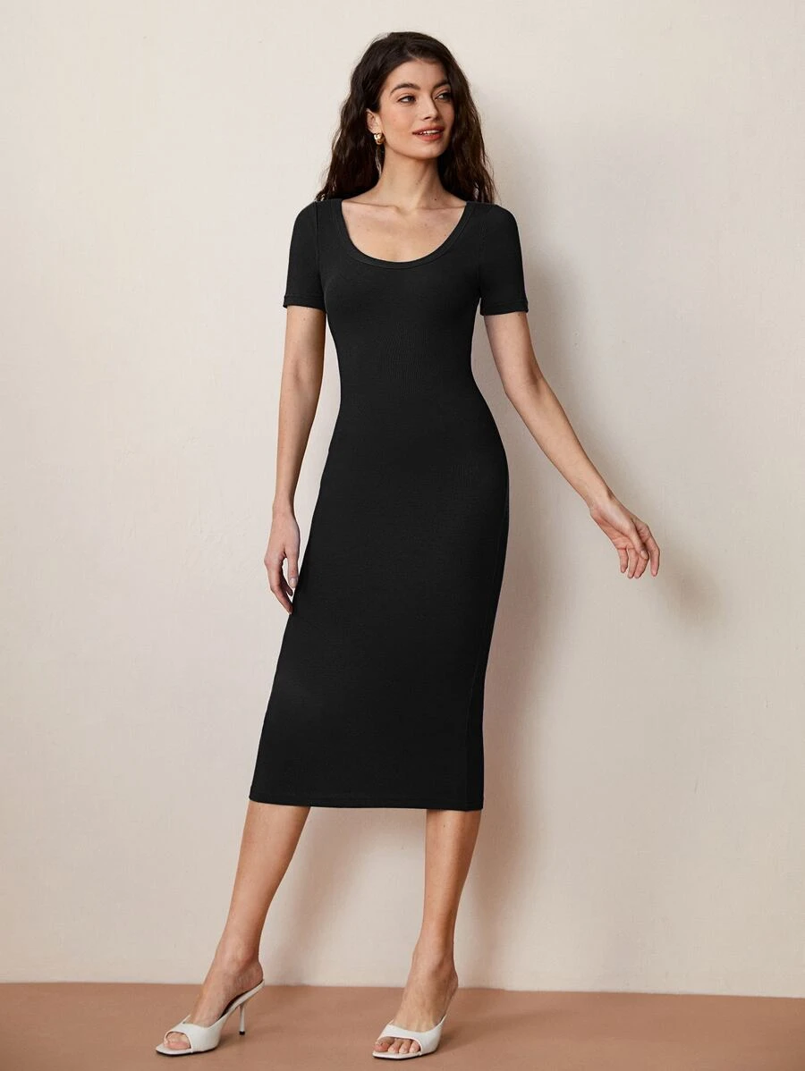 SHEIN BASICS Solid Scoop Neck Bodycon Dress - Black - View 1
