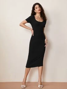 SHEIN BASICS Solid Scoop Neck Bodycon Dress - Black - View 3
