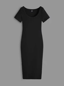 SHEIN BASICS Solid Scoop Neck Bodycon Dress - Black - View 4