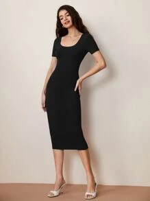 SHEIN BASICS Solid Scoop Neck Bodycon Dress - Black - View 6