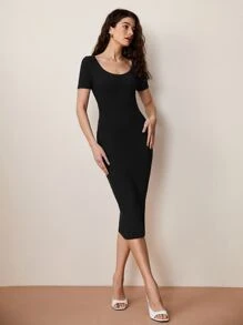 SHEIN BASICS Solid Scoop Neck Bodycon Dress - Black - View 7