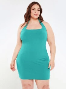SHEIN BASICS Plus Solid Halter Bodycon Dress - Green - View 1