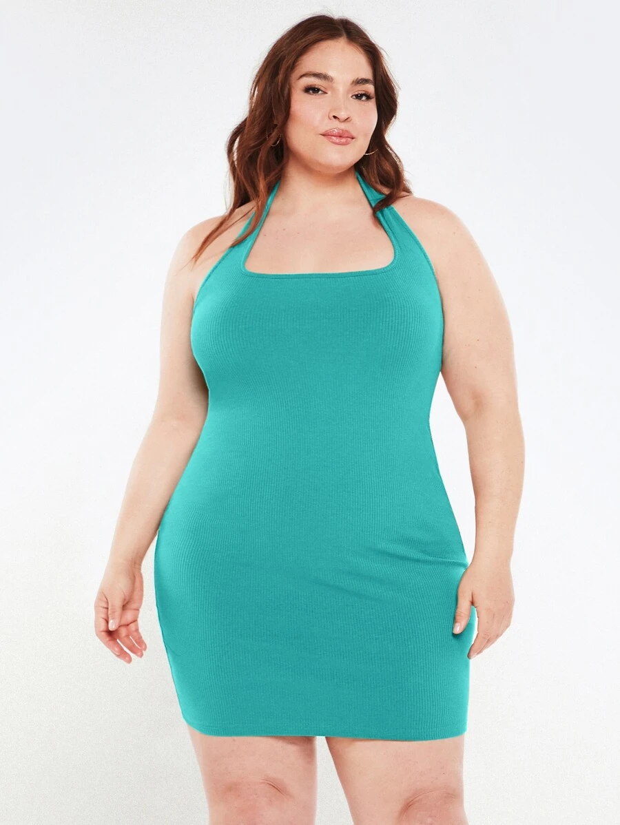 SHEIN BASICS Plus Solid Halter Bodycon Dress - Green - View 1