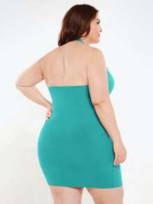 SHEIN BASICS Plus Solid Halter Bodycon Dress - Green - View 2