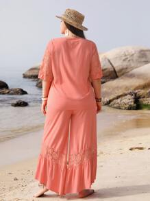 Rusttydustty Plus Contrast Lace Sleeve Top & Wide Leg Trousers - Coral Pink - View 2