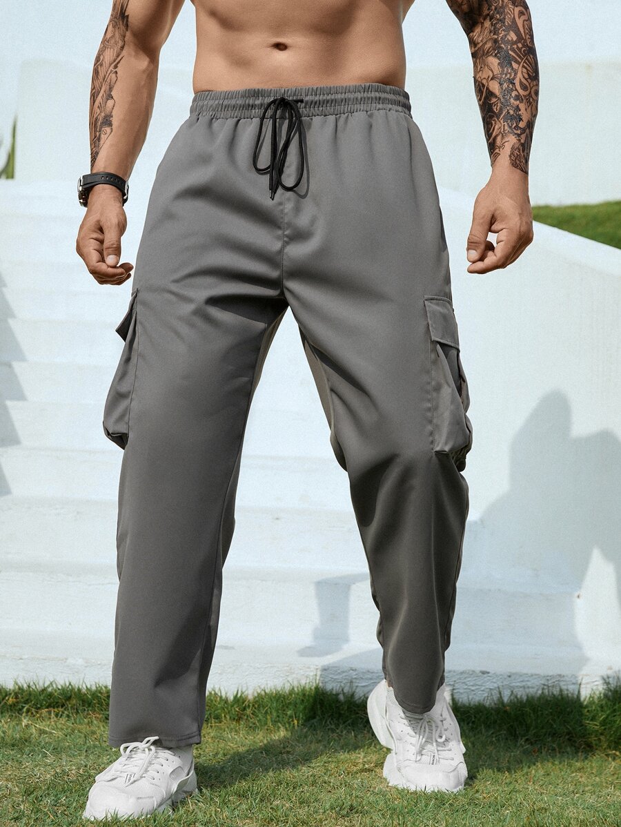 Manfinity Men Flap Pocket Side Drawstring Waist Cargo Trousers - Grey - View 1