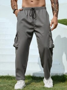 Manfinity Men Flap Pocket Side Drawstring Waist Cargo Trousers - Grey - View 4