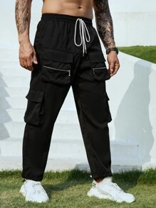 Manfinity Men Flap Pocket Drawstring Waist Cargo Trousers - Black - View 3
