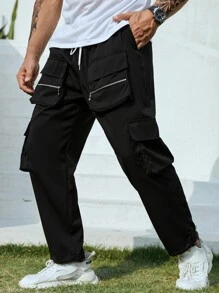 Manfinity Men Flap Pocket Drawstring Waist Cargo Trousers - Black - View 5