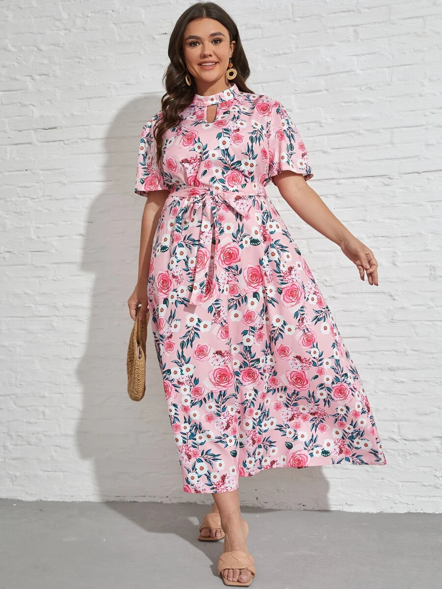 SHEIN VCAY Plus Allover Floral Print Belted Dress - Pink - View 1