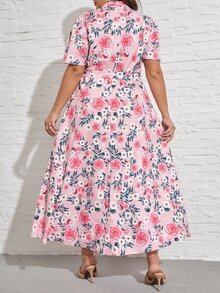 SHEIN VCAY Plus Allover Floral Print Belted Dress - Pink - View 2
