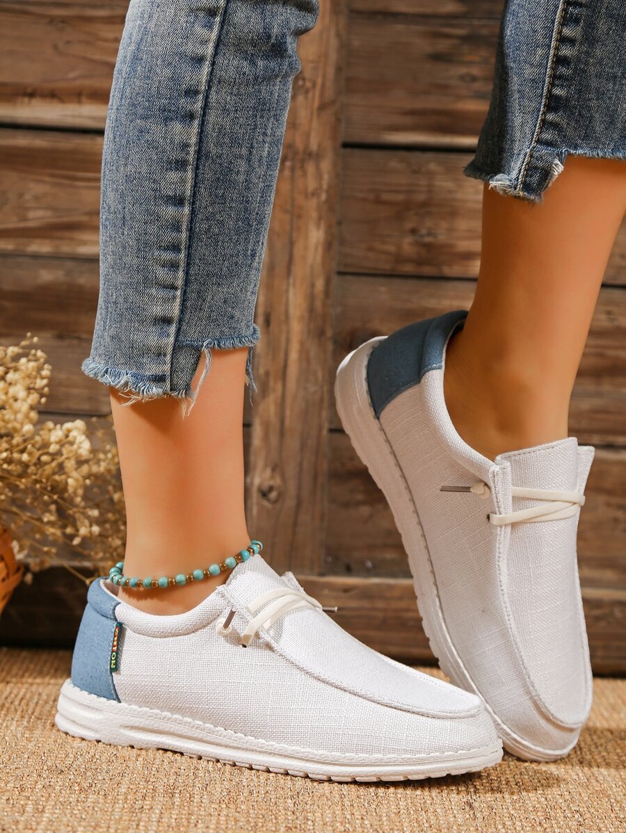 女士圆头拼色系带一脚蹬舒适休闲运动鞋 - 藍白色 - 查看 1