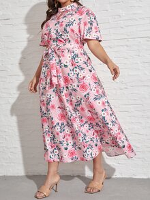 SHEIN VCAY Plus Allover Floral Print Belted Dress - Pink - View 6