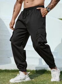 Manfinity Men Letter Graphic Flap Pocket Side Drawstring Waist Cargo Trousers - Black - View 4