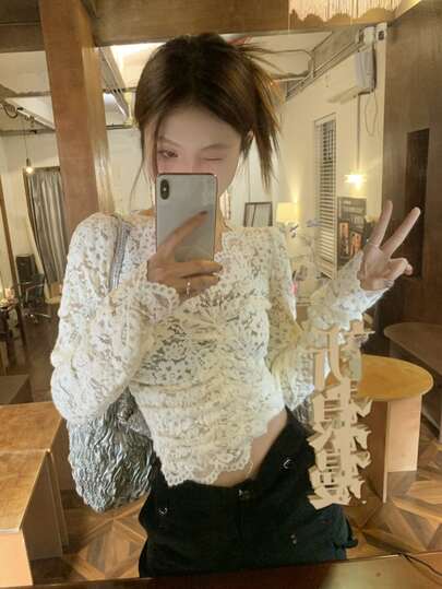 スカラップ トリム ギャザー レース ブラウス 夏