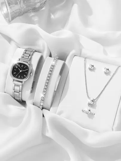 1只女士手錶，圓形指針石英手錶和5入組項鍊手鐲戒指耳環珠寶套裝，適用於假日