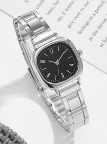 1只女士手錶，圓形指針石英手錶和5入組項鍊手鐲戒指耳環珠寶套裝，適用於假日 - 銀色 - 查看 4