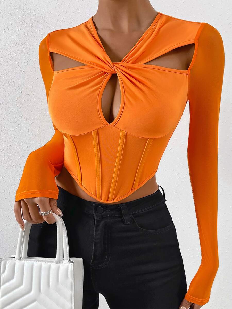 SHEIN Allurite 前鏤空不對稱下擺短款上衣 - 橘色 - 查看 1