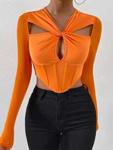 SHEIN Allurite 前鏤空不對稱下擺短款上衣 - 橘色 - 查看 3