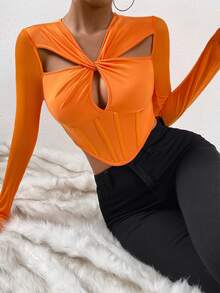 SHEIN Allurite 前鏤空不對稱下擺短款上衣 - 橘色 - 查看 4