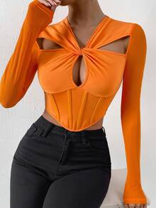 SHEIN Allurite 前鏤空不對稱下擺短款上衣 - 橘色 - 查看 5